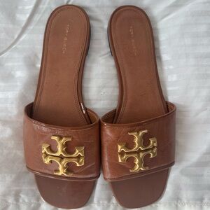 Tory Burch Tan Slides with Gold Emblem